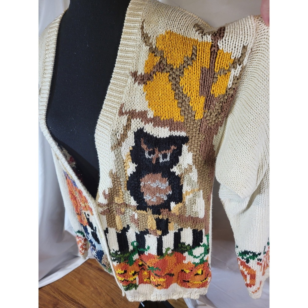 Vtge Crystal Kobe Size Large Halloween Fall Scarecrow Owl Csrdigan Sweater - Picture 3 of 7